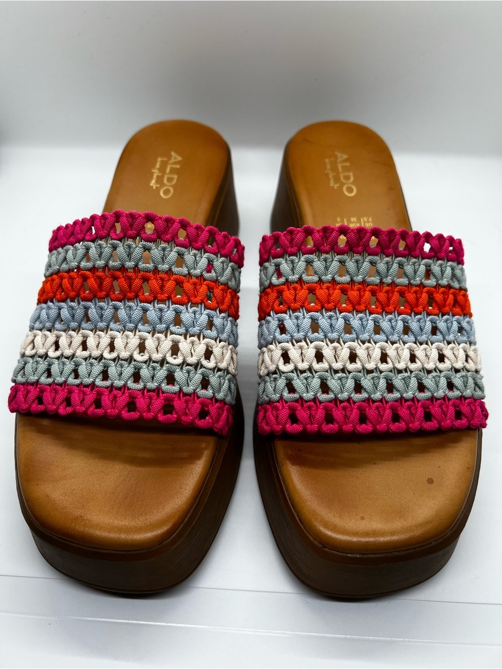 Excellent Condition ALDO Pink, Orange & Gray Crochet Slide Mules